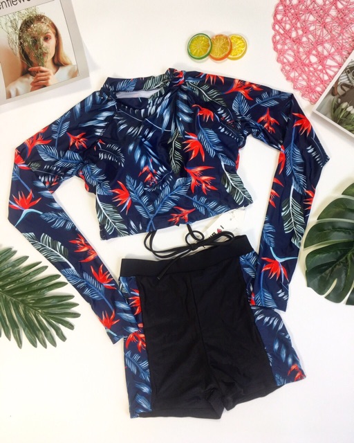 Set bikini tay dài lưng cao hoạ tiết hoa siêu xinh