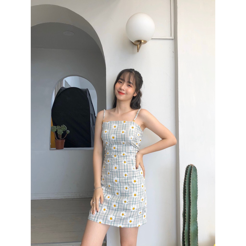 VÁY 2 DÂY KẺ CARO DAISY KHÓA KÉO CHUN SAU QUẢNG CHÂU - VÁY CHỮ A SỌC HOA CÚC HOT