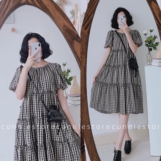 VÁY KẺ CARO ĐEN CHỈ THÊU 3 TẦNG