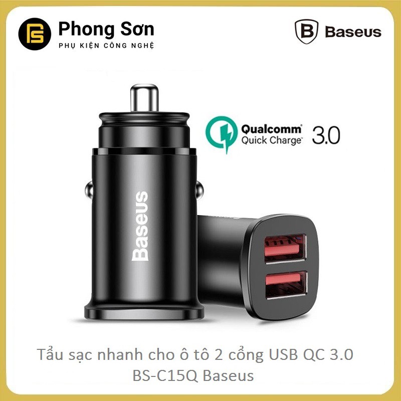 Tẩu sạc ô tô, xe hơi Baseus BS-C15Q công suất 30W 2 cổng USB , Sạc nhanh QC 4.0 /3.0 cho điện thoại- Bảo hành 12 tháng