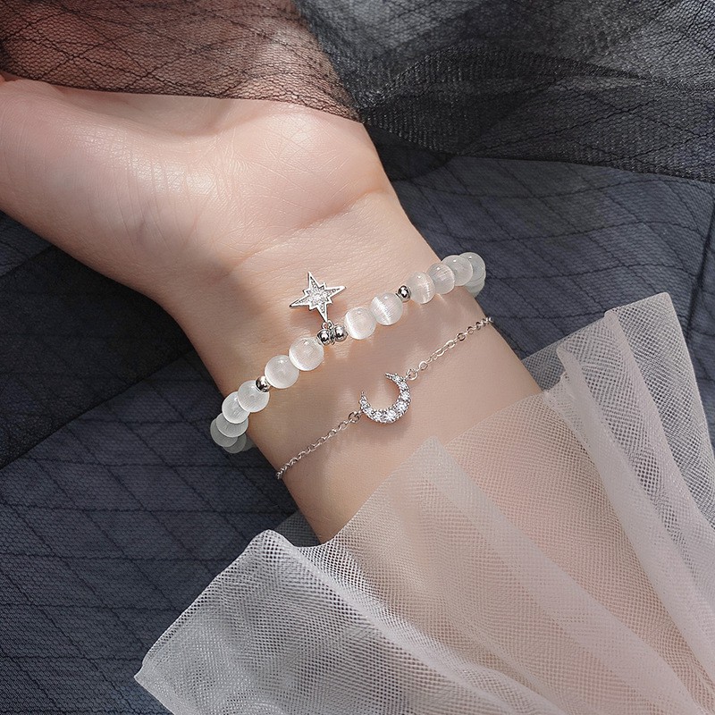 Lắc tay đôi đá opal thời trang cho nữ combo mặt trăng và ngôi sao đính đá - L2634 - Bảo ngọc Jewelry
