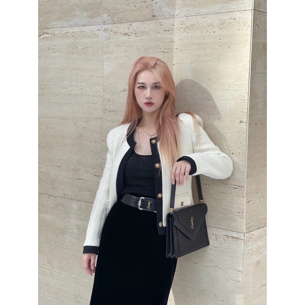 Áo khoác dạ tweed nữ dáng ngắn cổ tròn tone trắng đen sang trọng thương hiệu thời trang cao cấp YSL