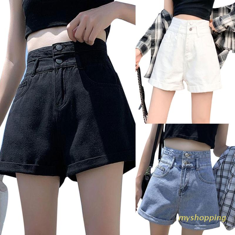 Quần Short Denim Dáng Chữ A Lưng Cao Ống Rộng Phối Hai Hàng Nút Thời Trang Mùa Hè Cho Nữ