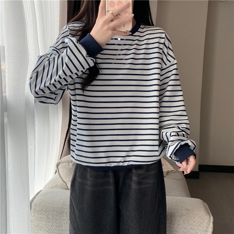 Áo Thun Lửng Dài Tay Cổ Tròn Sọc Ngang Thời Trang Mùa Thu Hàn Quốc Mới