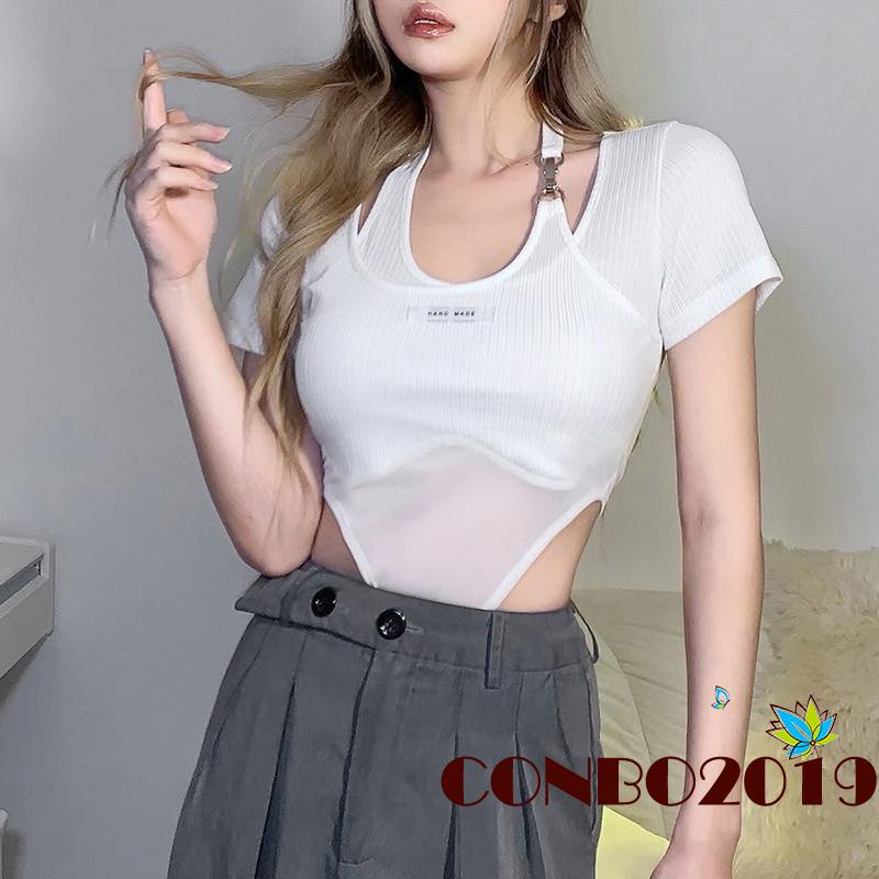 HGM-Women Short Sleeve Bodysuit with Halter Buckle, Letter Pattern Skinny Version Summer Clothing
