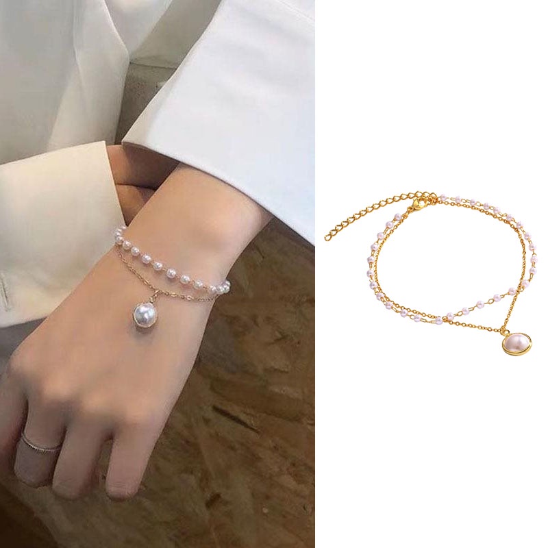 Vòng Tay Hai Lớp Đính Hạt Ngọc Trai Thanh Lịch Thời Trang Hàn Quốc Cho Nữ