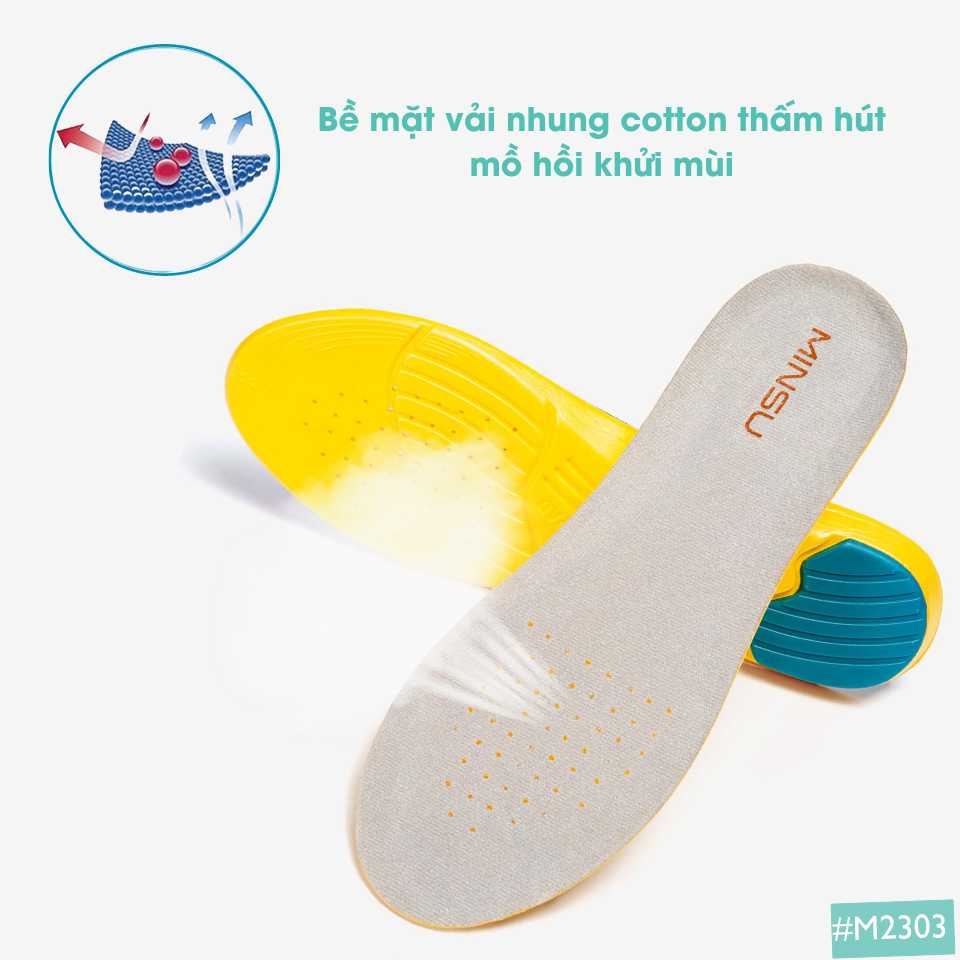 Lót Giày Thể Thao Nam Nữ Có Gel Chống Thốn Gót MINSU M2303 Cao Su EVA Êm Ái, Thấm Hút, Khửi Mùi Hôi Chân