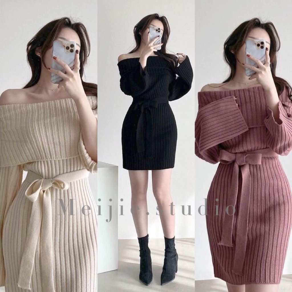 Đầm len trễ vai thắt nơ eo xinh xắn sang trọng có ảnh thật ở cuối | hàng order thường về sớm hơm dự kiến ko hủy