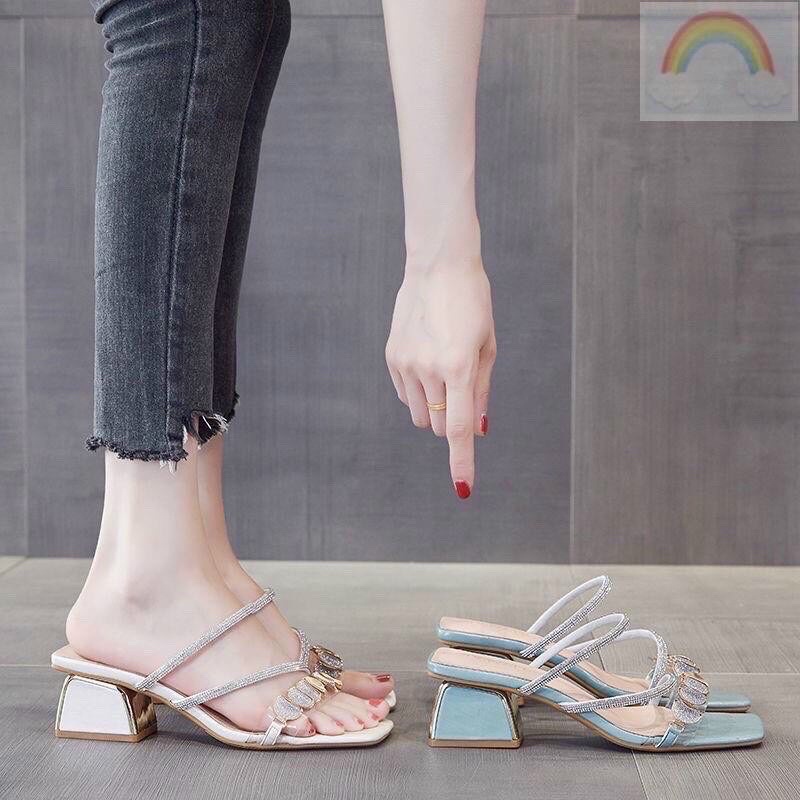 Guốc cao gót đính đá mặt trăng giày nữ đế vuông quai chéo đính đá sang chảnh mã n21 sandal quai mảnh
