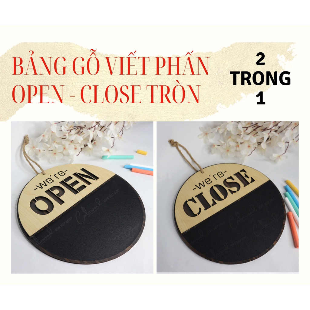 Bảng gỗ 🏠🏡OPEN CLOSE hình tròn🏠🏠Bảng Decal viết phấn 2 mặt có dây treo trang trí quán, cửa hàng...