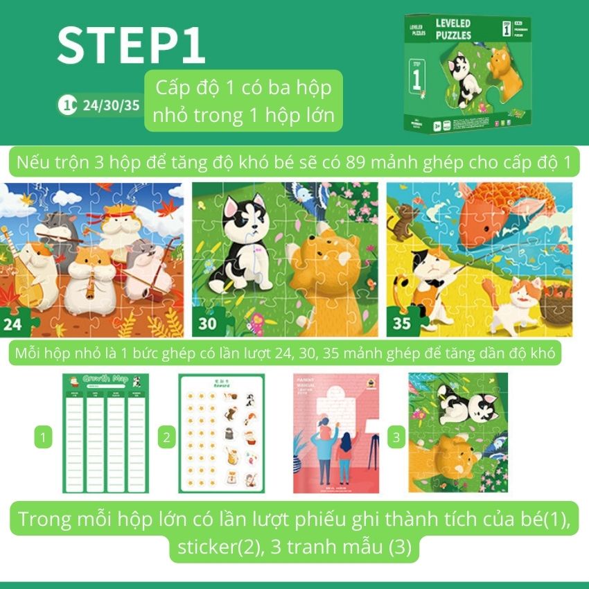 Xếp hình cho bé từ 3 tuổi puzzle 5 cấp độ level up loại cao cấp tặng kèm sticker và bảng thành tích
