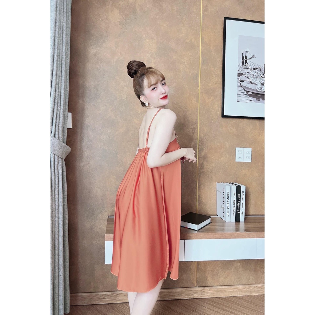 Đầm ngủ 2 dây, váy ngủ gợi cảm, đồ ngủ mặc nhà chất lụa latin cực mát, mịn có nút gài kèm nơ mặc nhà thoải mái [DN64]