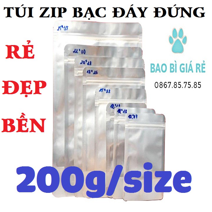 200g Túi Zip Bạc Đáy Đứng Đựng Thực Phẩm, Túi Zipper 1 Mặt Bạc + Mặt Trong Túi Dày Đẹp Chất Lượng Tốt