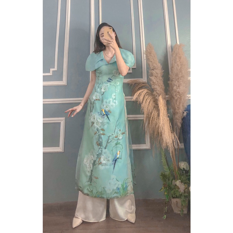 ÁO DÀI XANH CỔ V TAY BÔNG