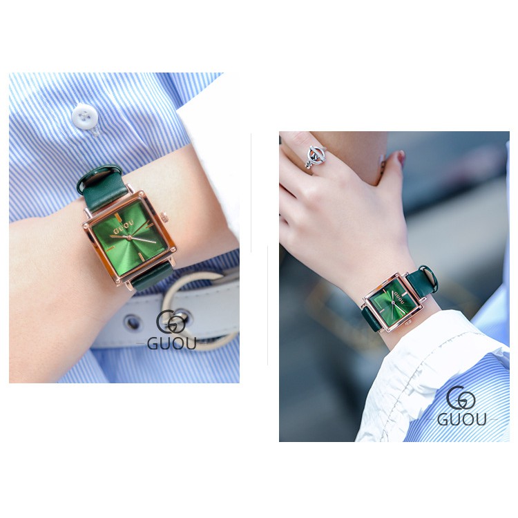 Đồng hồ nữ đeo tay dây da Guou mặt vuông chính hãng chống nước tuyệt đối 8096