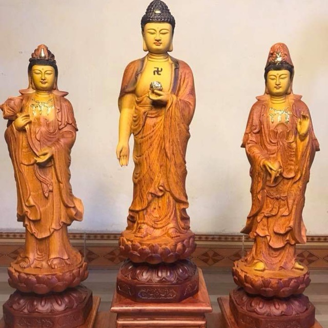 Bộ tam thánh bộ 3 tượng tam thánh phật gỗ bách xanh phun giả cổ+ tặng kỷ kèm theo