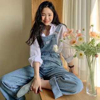 Quần Yếm Denim Dáng Dài Ống Rộng Phong Cách Ullzang