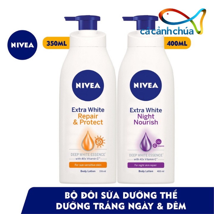 Bộ đôi Sữa Dưỡng Thể Dưỡng Trắng Nivea Ban Ngày Giúp Phục Hồi & Chống Nắng SPF30 & Ban Đêm Săn da & Phục Hồi