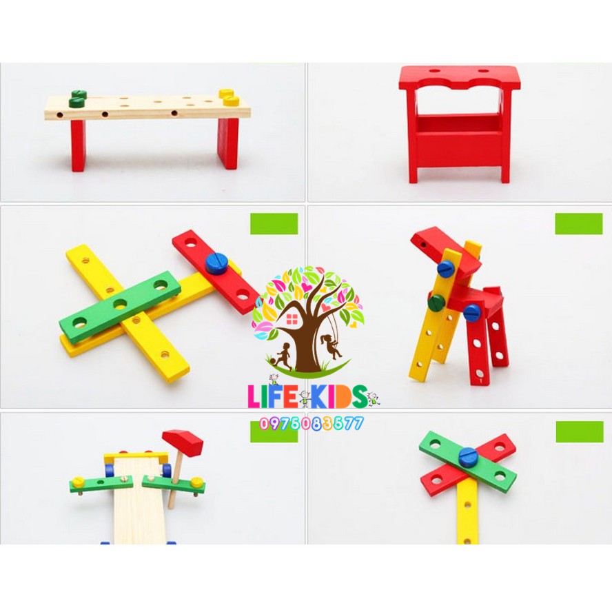 Đồ chơi gỗ - Bộ xe lắp ráp, xếp hình kèm đập bóng -xe ốc vít lắp ráp kèm đập bóng