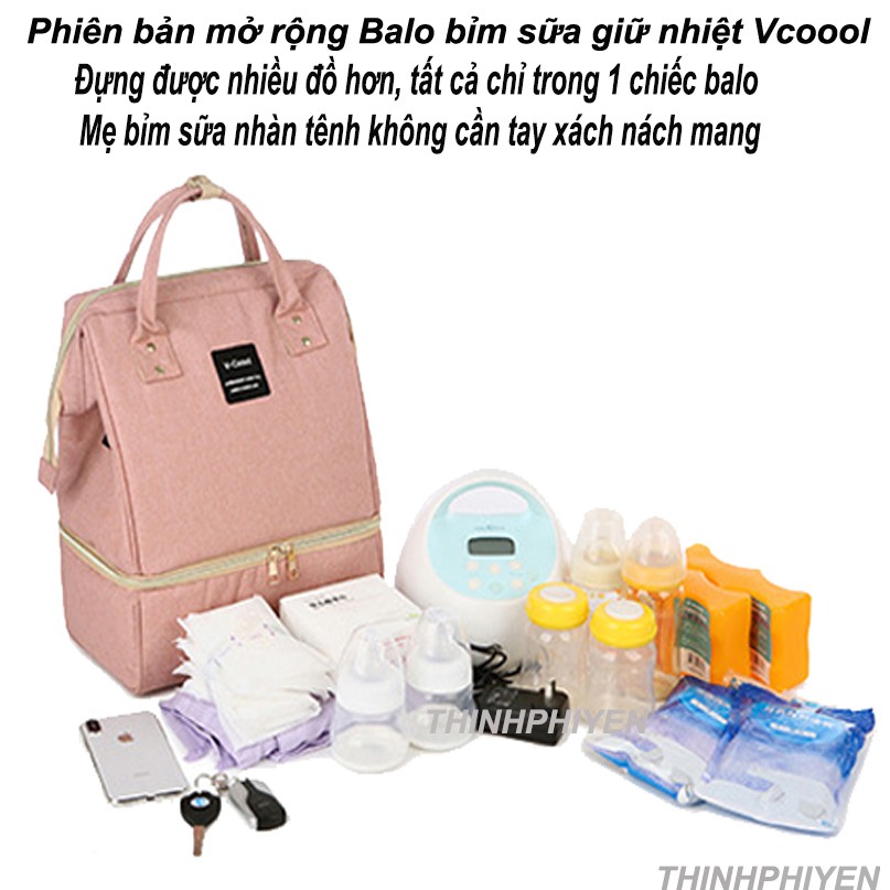 Balo bỉm sữa, balo Vcool giữ nhiệt giữ lạnh cao cấp siêu rộng