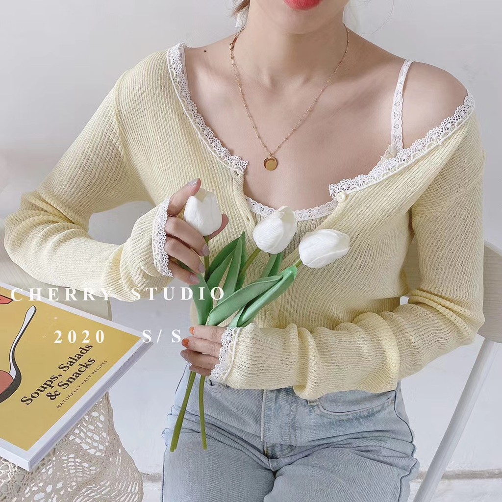 Set Áo Hai Dây + Áo Khoác Cardigan Dệt Kim Thời Trang Cho Nữ | BigBuy360 - bigbuy360.vn