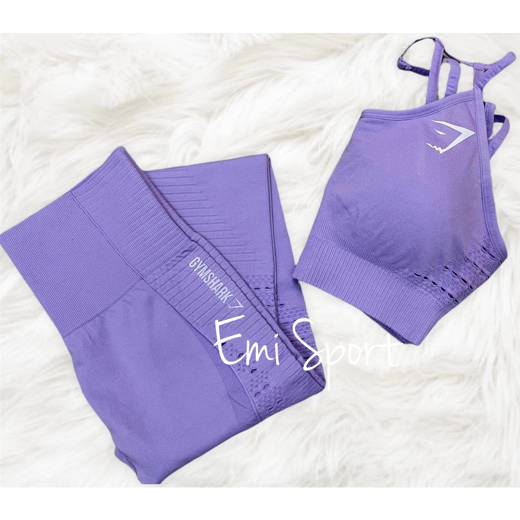 Bộ đồ tập GYM SHRK. Áo sport bra dây + quần lưng cao. Logo in