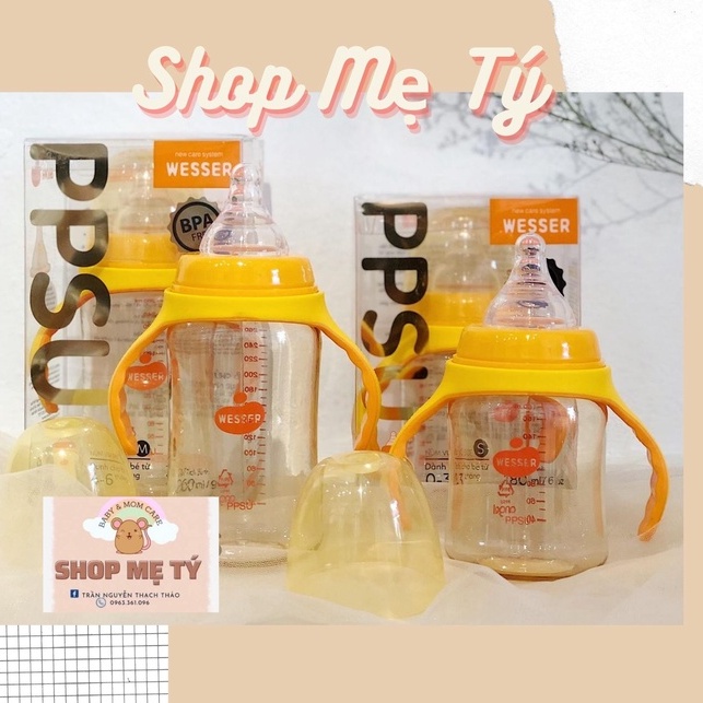 (Thanh lý bình +tay cầm) Bình Sữa PPSU Wesser cổ rộng size 180ml / 260ml