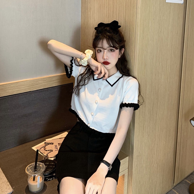 Áo Thun Polo Ngắn Tay Họa Tiết Kẻ Sọc Màu Sắc Tương Phản Thời Trang Mùa Hè Cho Nữ