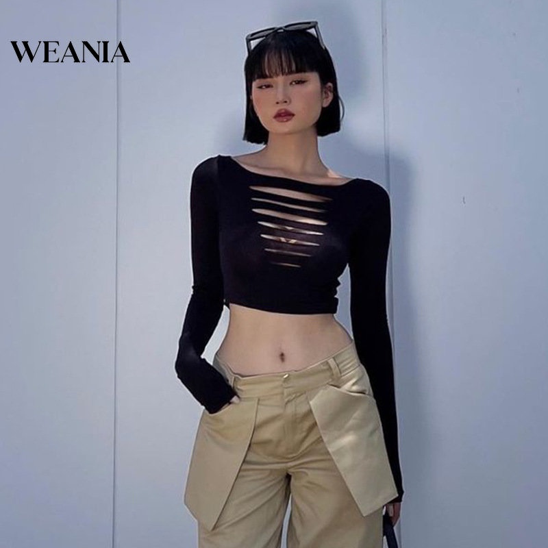 Áo Croptop Tay Dài Màu Trơn Thiết Kế Khoét Quyến Rũ