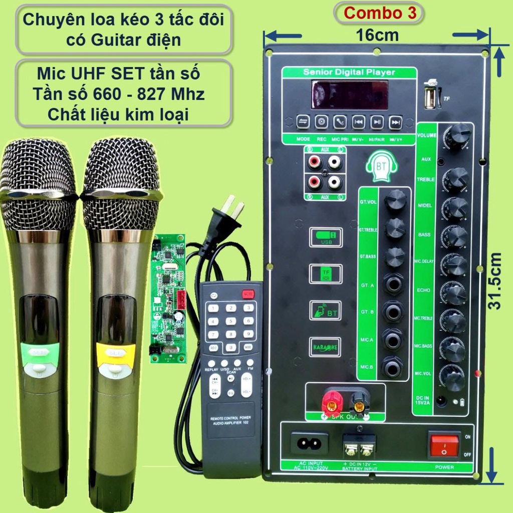 Mạch loa kéo 2 kênh 3 tấc đôi có Guitar điện 2 IC CS8676 120W + 120W có nguồn xung 220V kèm Micro UHF đôi