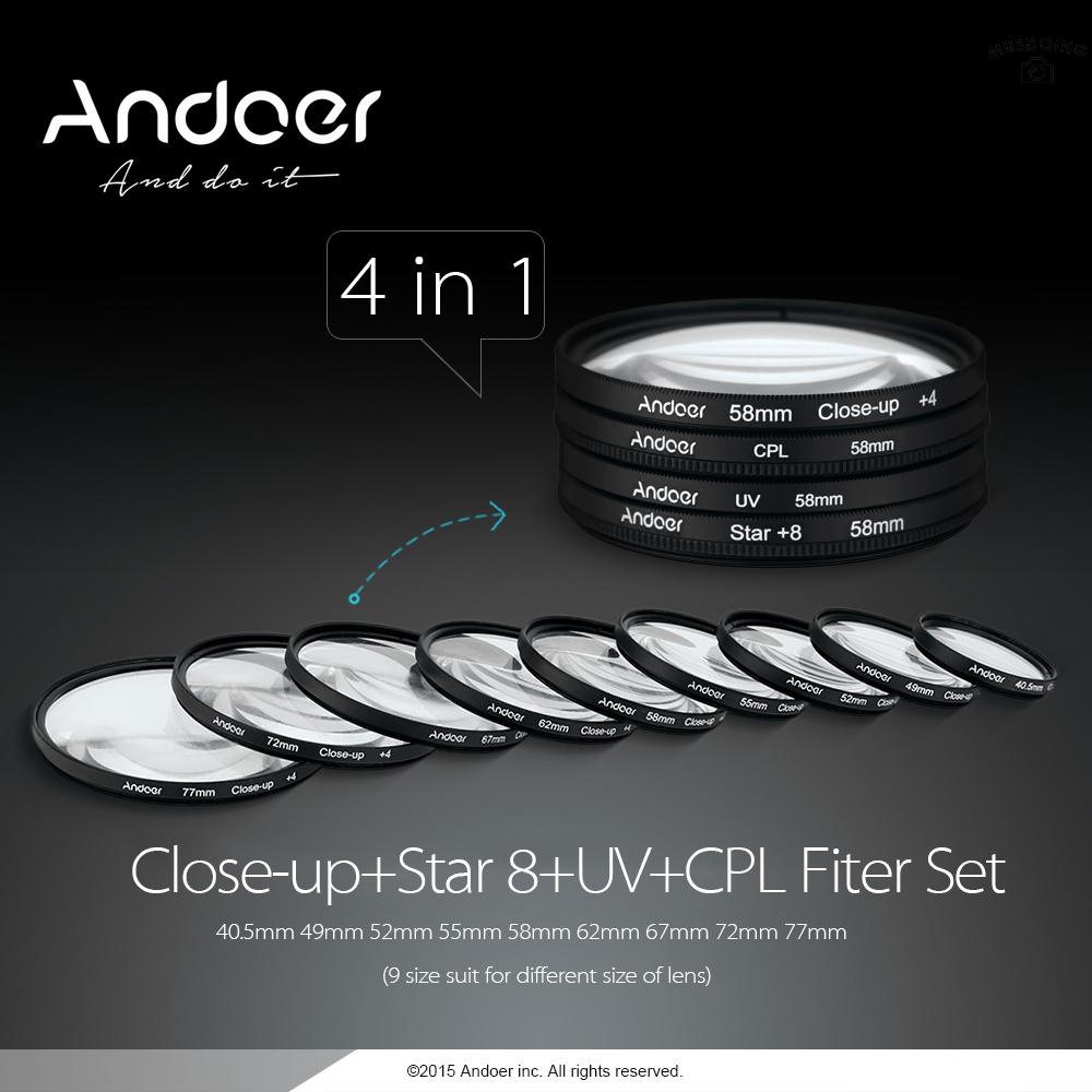 ღ Andoer 52mm UV+CPL+Close-Up+4 +Star 8-Point Filter Circular Filter Kit Circular Polarizer Filter Macro Close-Up Star 8-Point Filter with Bag for Nikon Canon Pentax Sony DSLR Camera