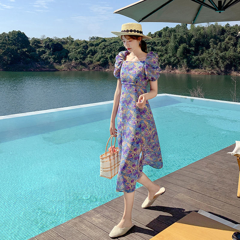 Đầm dài in hoa lá đáng yêu thanh lịch chất lượng cao