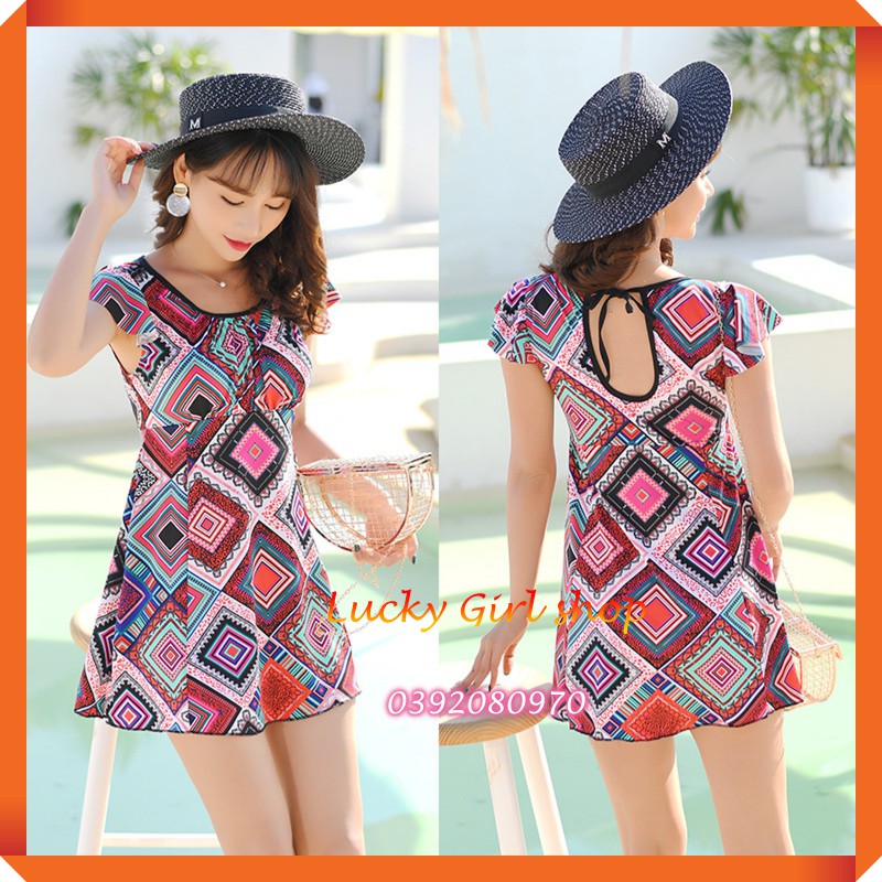 Bikini Bộ Bơi Đồ Bơi Liền Thân Kín Đáo Che Bụng Hoạ Tiết Thổ Cẩm Dạng Váy Xinh Xắn (Kèm Quần Đùi Rời Mặc Trong Váy)
