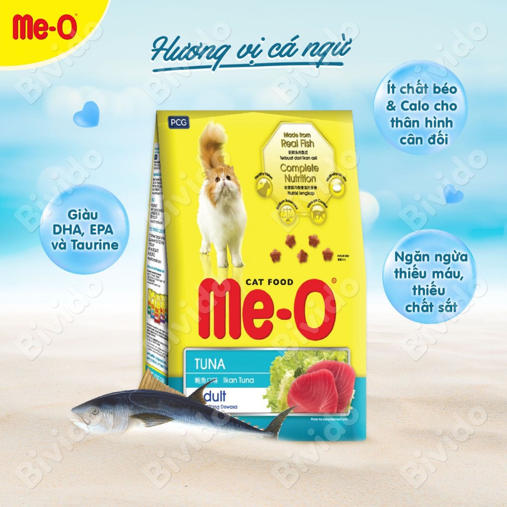 Thức ăn mèo lớn Me-O vị cá ngừ, cá thu, hải sản, cá hồi túi 1.2kg - Bivido