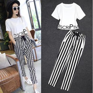⭐ Bộ Áo Thun Quần Vải Thời Trang Mùa Hè Nữ Áo Phông Ngắn Tay Quần Âu Kẻ Sọc Chất Vải Thun Lanh Pha Cotton Kiểu Hàn Quốc