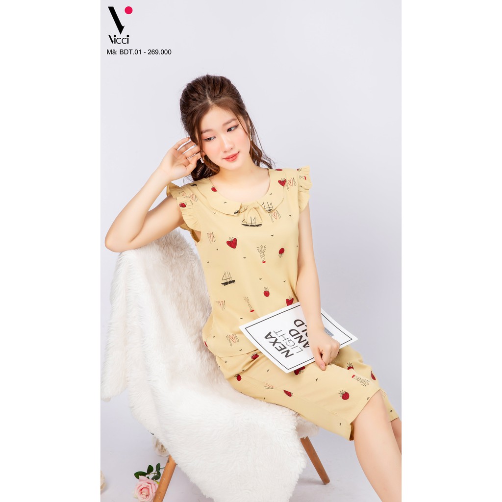 Bộ đồ mặc nhà đũi Vicci BDT.01 áo tay bèo nhún quần lửng nhiều họa tiết