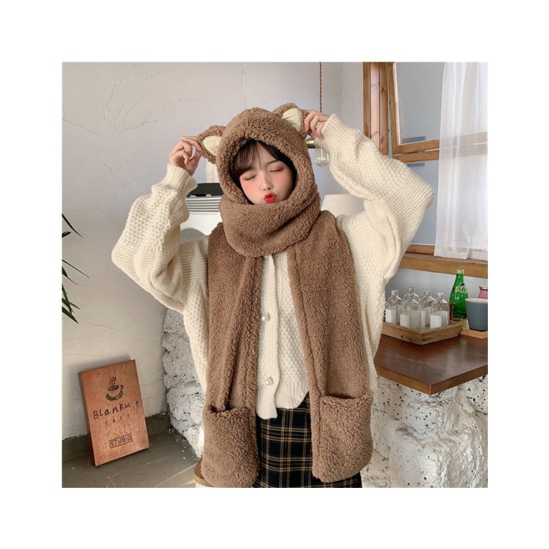 Khăn choàng lông nhung có mũ tai mèo và găng tay 3 trong 1