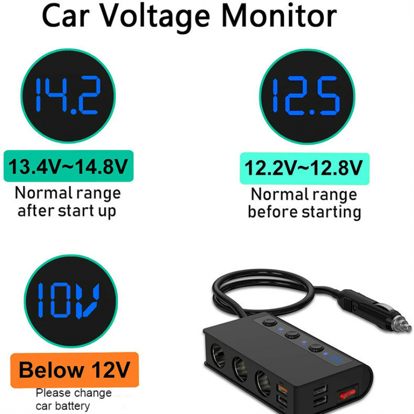 Sạc nhanh 3.0 Thuốc lá Nhẹ hơn Bộ sạc trên ô tô Hiển thị kỹ thuật số Một cho ba Bộ sạc ô tô công suất cao 180W 12V / 24V Bộ sạc không dây USB 4 cổng