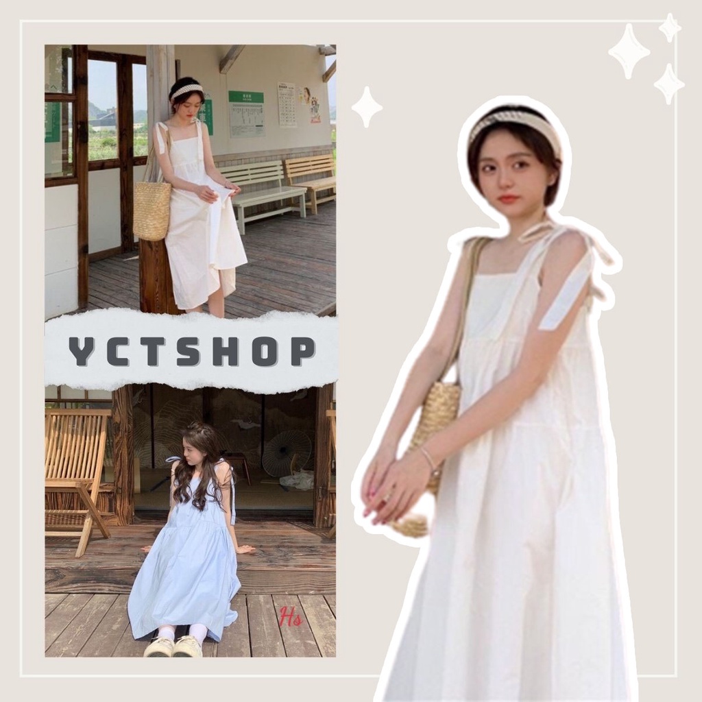 Váy baby doll dáng dài chất đũi mềm Đầm nữ 2 dây buộc nơ phong cách Hàn Quốc YCTSHOP 001044
