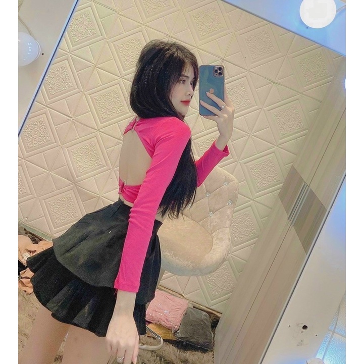 Áo croptop tay dài hở lưng có mút ngực chất thun borip - A5T