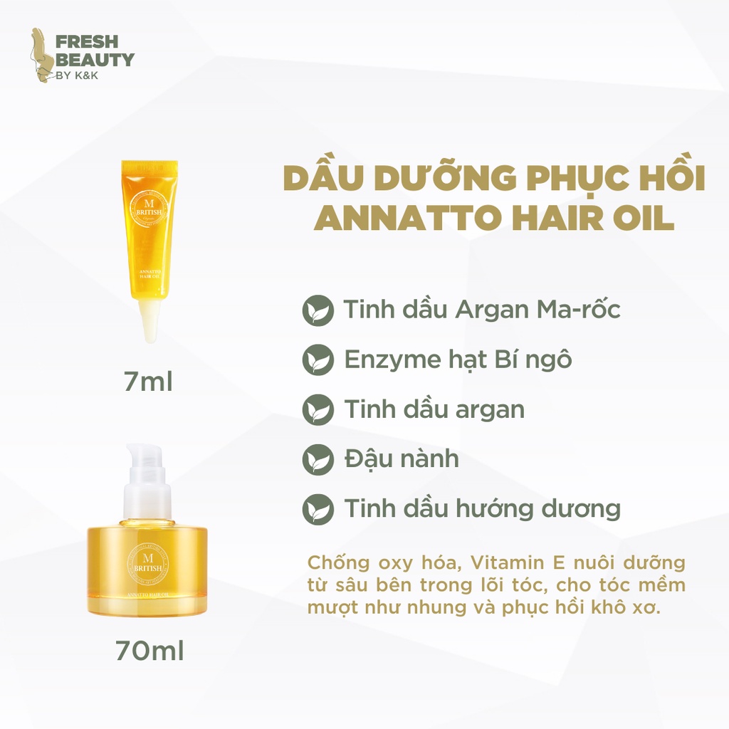 Dầu dưỡng tóc BritishM Annatto Hair Oil phục hồi tóc hư tổn, khô xơ, gãy rụng cho tóc óng mượt 7ml