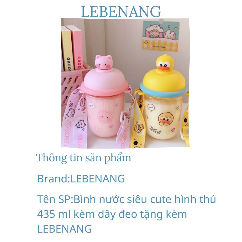 Bình nước cute nắp kín hình thú 435 ml kèm dây đeo tặng kèm LEBENANG