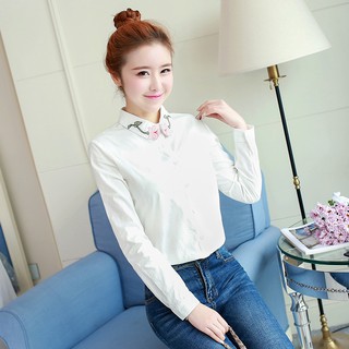 Áo Sơ Mi Cổ Đứng Tay Phồng Thêu Hình Thời Trang