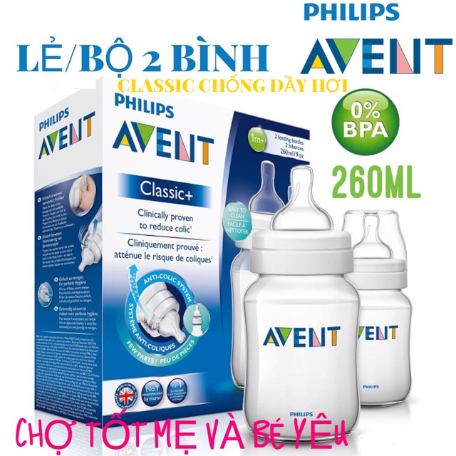 LẺ/BỘ 2 BÌNH SỮA AVENT CLASSIC CỔ RỘNG 260ML/330ML