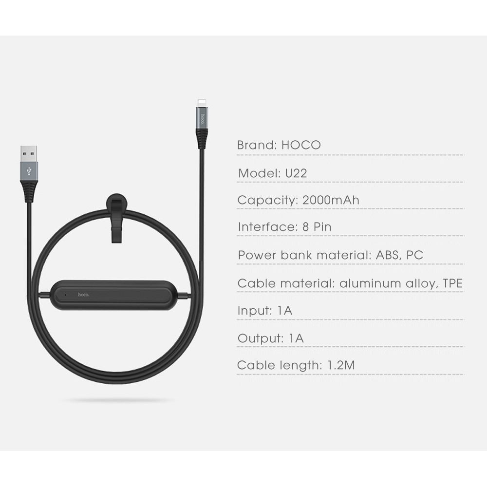 Cáp HOCO U22 chân Micro Kiêm Sạc Dự Phòng 2000mAh(Tặng mã Freeship Extra toàn quốc)