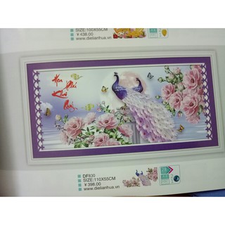 tranh đính đá thư pháp hoa khai phú quý đôi uyên ương hoa mẫu đơn kt 110x55cm