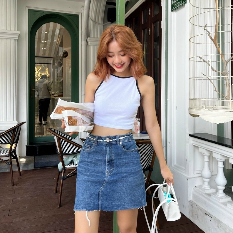 Chân váy jeans nữ dáng ôm TOPTIFY rách lai Celeste Skirts TVJ04