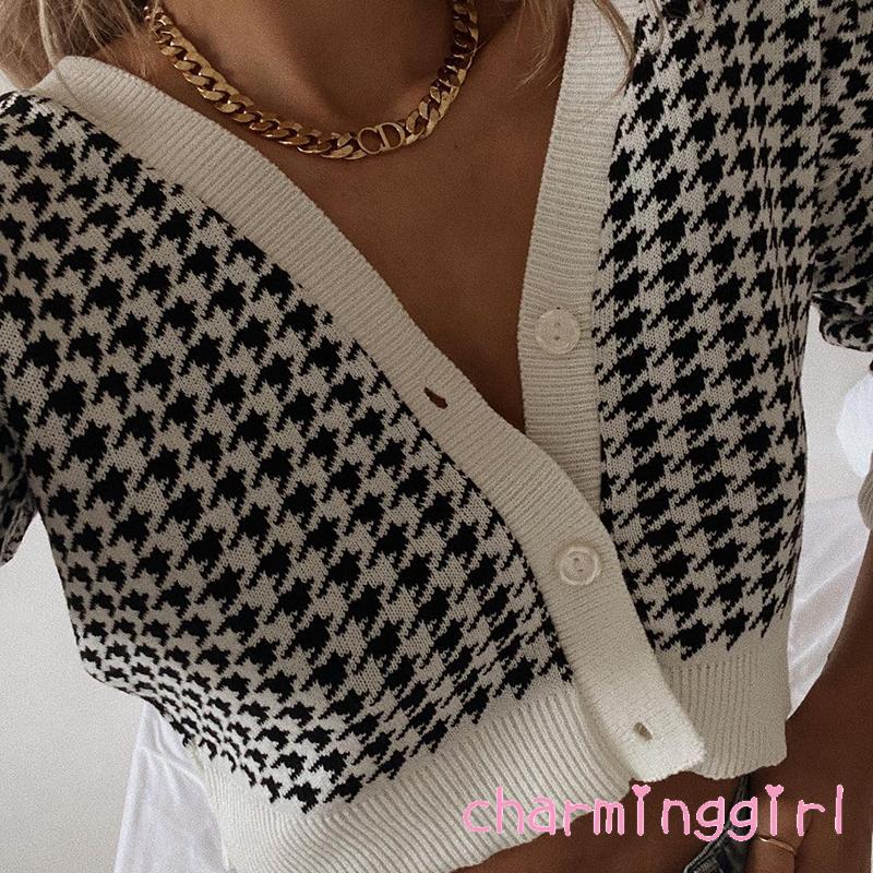 Áo Khoác Croptop Dệt Kim Tay Dài Cổ Chữ V In Họa Tiết Houndstooth Thời Trang Mùa Thu