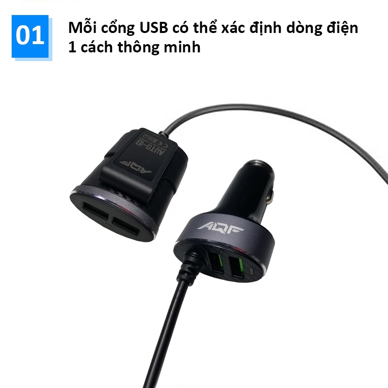 Tẩu sạc , dock sạc nhanh 20W 2 USB phía trước + 2 USB 4 cổng USB kéo dài 1m nối dài trên xe ô tô, xe hơi, điện áp 12-24V