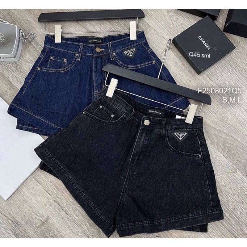 Quần short jean lưng cao lộ túi